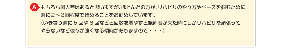 もちろん個人差はあると思いますが、ほとんどの方が、リハビリのやり方やペースを掴むために週に週に２〜３回程度で始めることをお勧めしています。（いきなり週に5回や6回などと回数を増やすと施術者が来た時にしか リハビリを頑張ってやらないなど依存が強くなる傾向がありますので・・・）